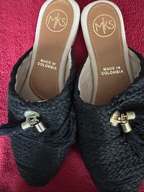 Black Woven Tassel Mules with Gold Accents